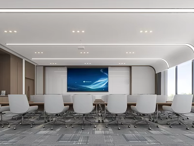 Modern Conference Room Interior With Long Table White Chairs Large Screen And Windows 3d model