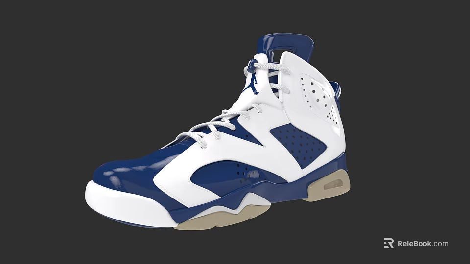 High Top White And Blue Basketball Shoes With Beige Sole And Breathable Holes 3d model 