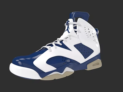 High Top White And Blue Basketball Shoes With Beige Sole And Breathable Holes 3d model