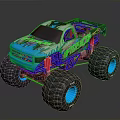 Colorful Monster Truck With Large Blue Tires And Detailed Green Body Design