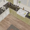 Green Kitchen Interior With Black Countertops Gas Stove Cabinets And Floral Rug