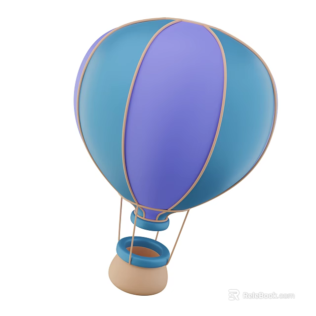 Colorful Blue and Purple Striped Hot Air Balloon With Golden Borders And Basket 3d model 