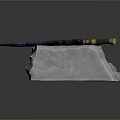 Purple Sword With Golden Hilt And Black Decorative Accents On White Stone