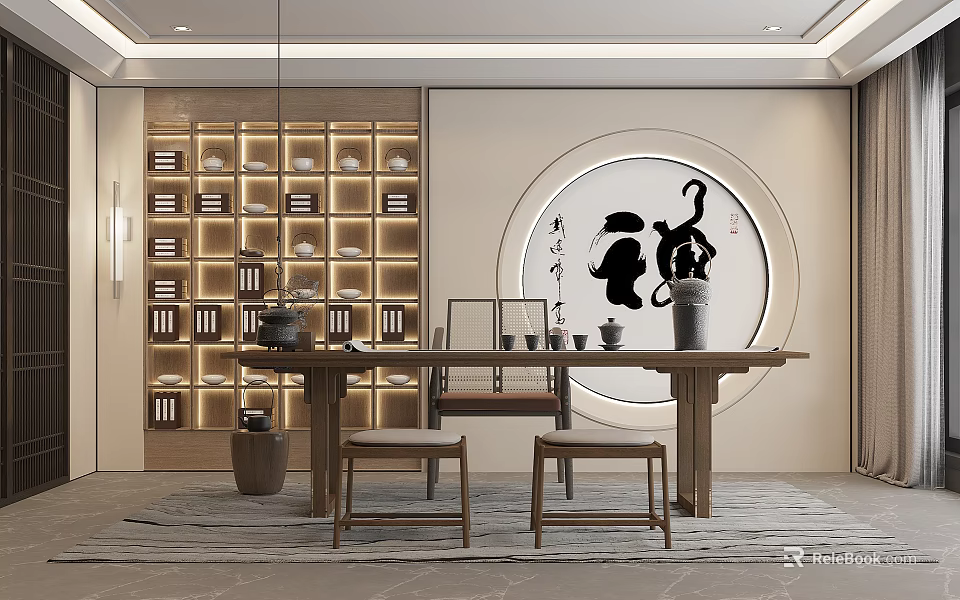 Simple Natural Tea Room with Wooden Bookshelf Teaware Circular Calligraphy Painting Long Wooden Table Stools 3d model 