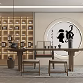 Simple Natural Tea Room with Wooden Bookshelf Teaware Circular Calligraphy Painting Long Wooden Table Stools