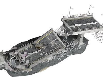 Collapsed Bridge Scene With Broken Structure And Scattered Debris On Damaged Piers 3d model