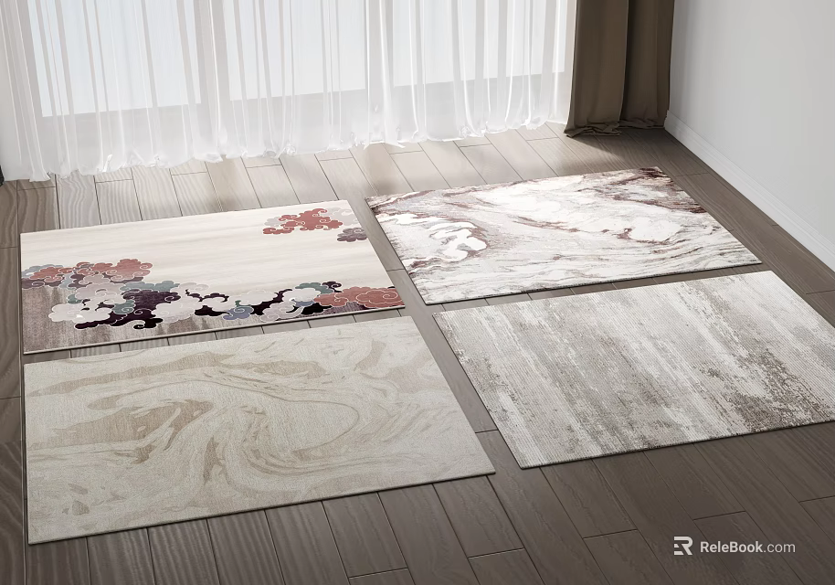 Square Rugs With Various Patterns In Bright Interior With Wooden Floor 3d model 