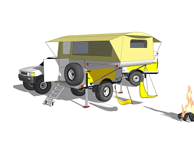 Off Road SUV With Yellow Camper Trailer Ladder Awning And Campfire Setup 3d model