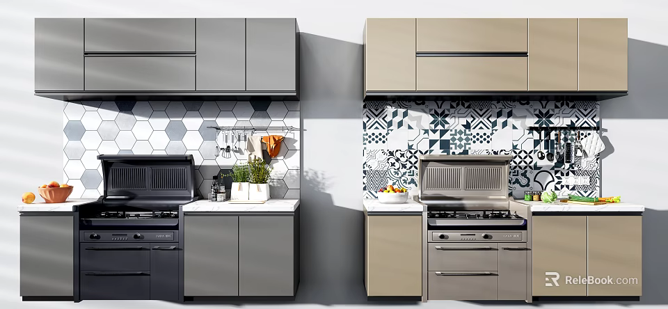 Modern Kitchen With Stainless Steel Appliances Stovetops Ovens Tiled Backsplashes And Cabinets 3d model 