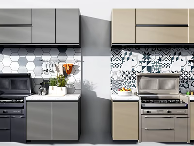 Modern Kitchen With Stainless Steel Appliances Stovetops Ovens Tiled Backsplashes And Cabinets 3d model