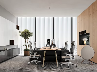 Modern Public Office Space Interior With Large Windows Wooden Walls Conference Table And Ergonomic Chairs 3d model