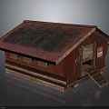Rustic Small Wooden Building With Red Walls Brown Rusted Roof And Steps
