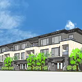 Modern Townhouse Exterior With Large Windows Balconies Driveway And Landscaped Greenery