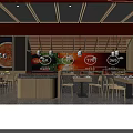 Modern Restaurant Interior With Wooden Ceiling Pendant Lights Tables Chairs And Colorful Wall Decor