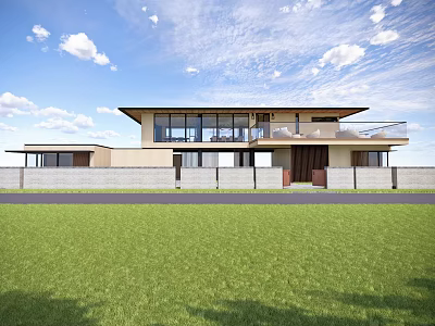 Modern Guesthouse Building With Large Glass Windows Green Lawn And Balcony Exterior Design 3d model