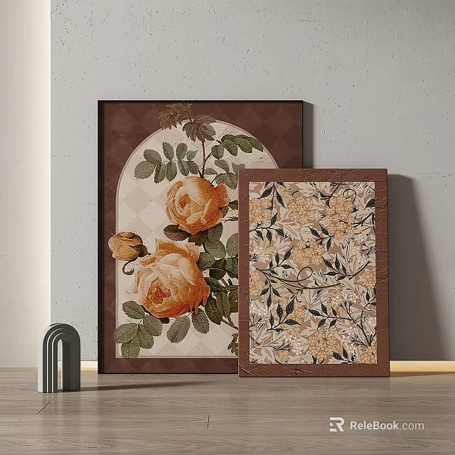 Brown Framed Floral Wall Art With Orange Roses And Leaf Patterns 3d model 