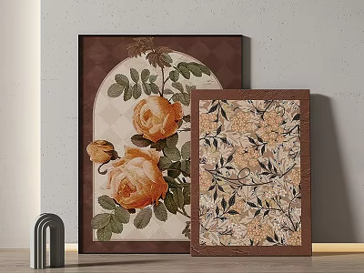 Brown Framed Floral Wall Art With Orange Roses And Leaf Patterns 3d model
