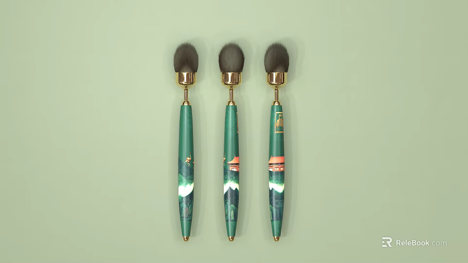 Cosmetic Makeup Brushes With Green Handles Gold Metal Parts And Black Brush Heads 3d model 