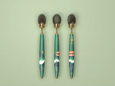Cosmetic Makeup Brushes With Green Handles Gold Metal Parts And Black Brush Heads 3d model