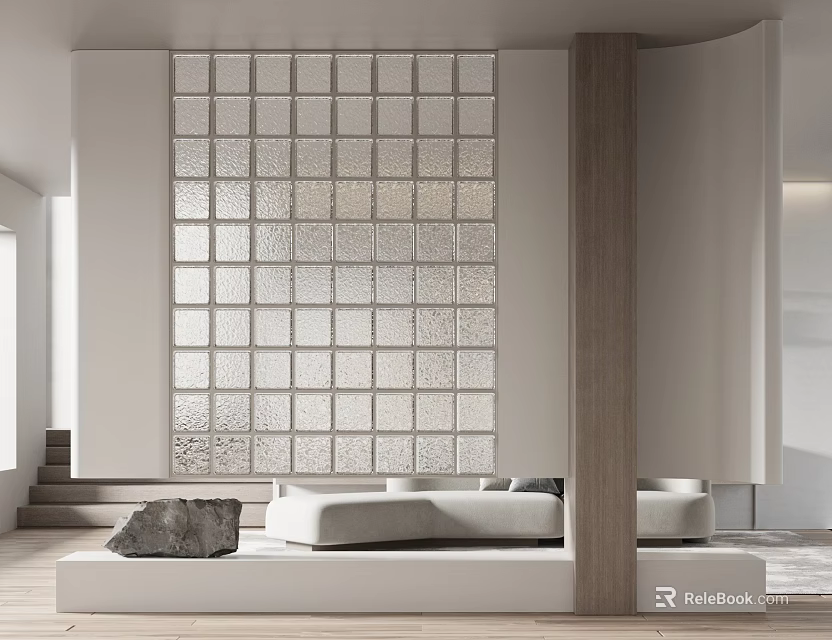 Modern Interior Design With Glass Block Partition Wooden Frame And White Sofa 3d model 