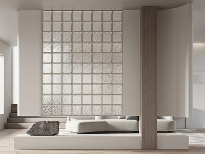 Modern Interior Design With Glass Block Partition Wooden Frame And White Sofa 3d model