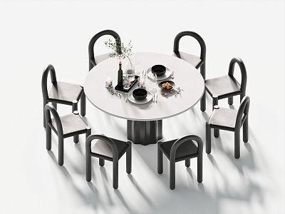 Dining Table and Chair Combination Round Dining Table Single Chair Tableware Furnishings Decorative Ornaments 3d model