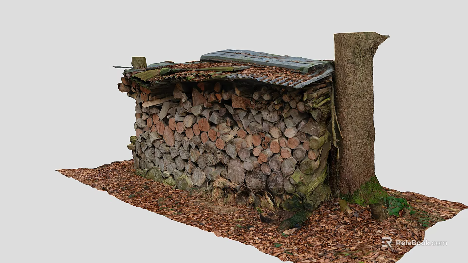 Wooden Logs Stacked Structure With Corrugated Metal Roof And Tree Trunk Surrounded By Fallen Leaves 3d model 