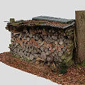 Wooden Logs Stacked Structure With Corrugated Metal Roof And Tree Trunk Surrounded By Fallen Leaves