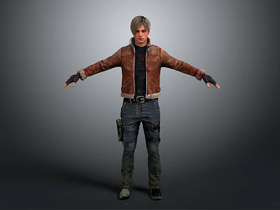Game Movie Character in Brown Leather Jacket Black Inner Shirt Jeans Gloves Standing Pose 3d model