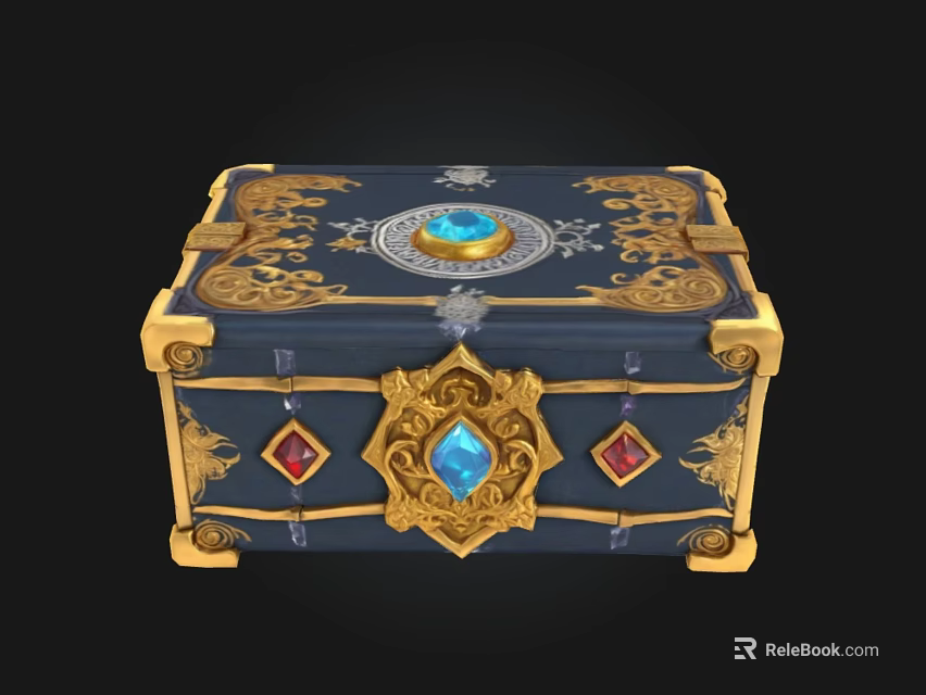 Ornate Blue Chest With Golden Decorations Central Blue Gem And Red Gems 3d model 
