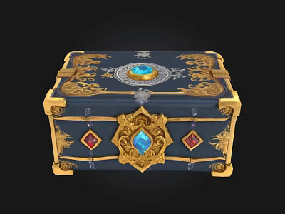 Ornate Blue Chest With Golden Decorations Central Blue Gem And Red Gems 3d model