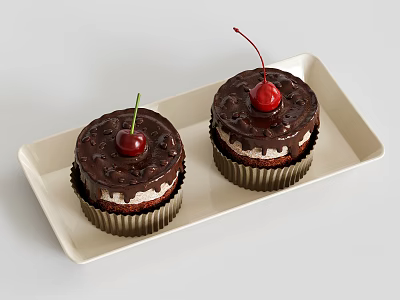 Two Moist Chocolate Cupcakes with Fresh Cherry Topping on Beige Tray 3d model