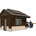 Wooden Cabin Style Guard Booth With Uniformed Guard Barrier Gate And White Car