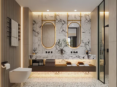 Modern Bathroom Interior Design With Marble Walls Gold Framed Mirrors Vanity And Lighting 3d model