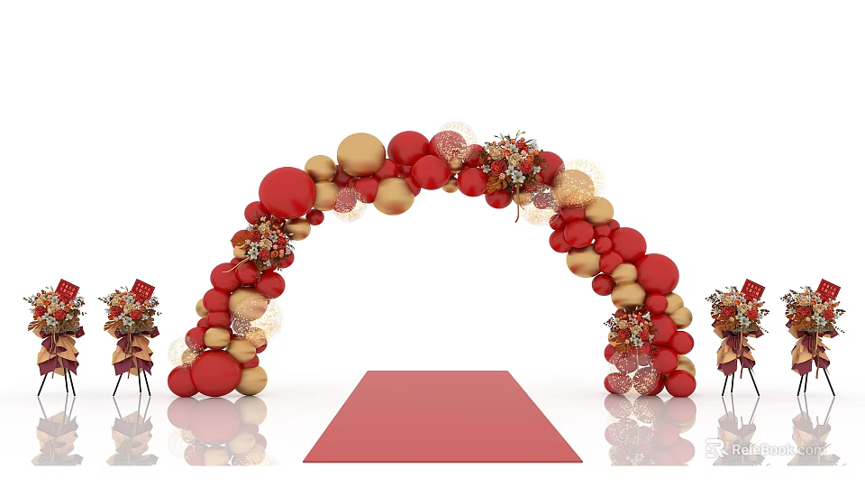 Event Entrance with Red and Gold Balloon Arch Decorative Flowers and Red Carpet 3d model 