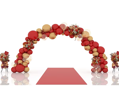 Event Entrance with Red and Gold Balloon Arch Decorative Flowers and Red Carpet 3d model