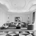 Modern Elegant Living Room Interior With Blue Sofa Orange Armchair And Crystal Chandelier