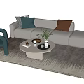 Light Gray Modern Sofa With Colorful Pillows And Round White Coffee Table On Patterned Rug 3d model