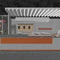 Contemporary Cafe Interior With Neon Sign Wavy Ceiling Counter And Metal Wooden Decor