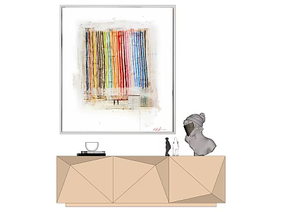 Modern Geometric Cabinet With Colorful Painting Dog Figurine And Decorative Items 3d model