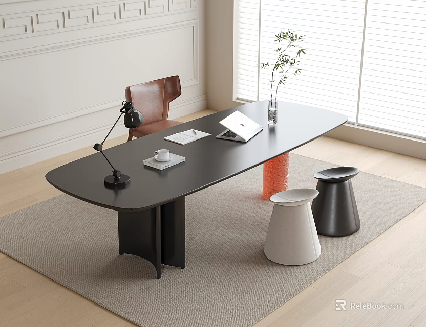 Modern Black Desk with Lamp Notebook Vase Brown Chair White Black Stools on Rug 3d model 