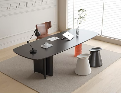 Modern Black Desk with Lamp Notebook Vase Brown Chair White Black Stools on Rug 3d model