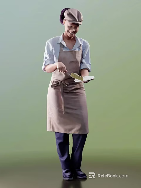 Woman in Brown Apron with Bow Holding Spatula Preparing Meal in Kitchen 3d model 