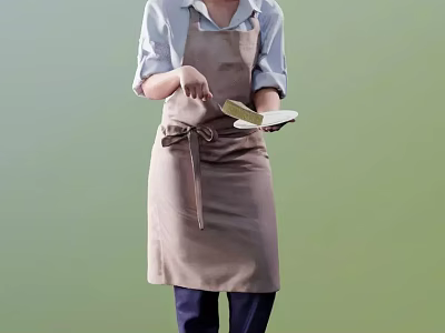 Woman in Brown Apron with Bow Holding Spatula Preparing Meal in Kitchen 3d model