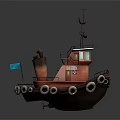 Cartoon Style Boat With Red Hull Chimney Staircase Small Cabin And Lifebuoys