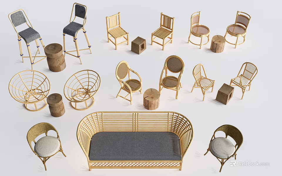 Stylish Rattan Outdoor Chairs With Golden Frame Various Single Seat And Sofa Bench 3d model 