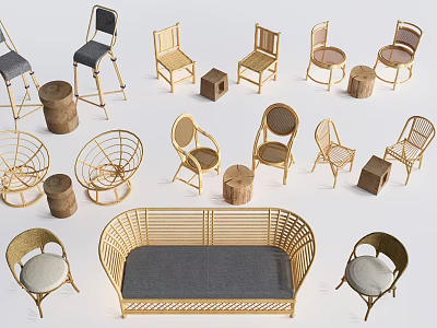 Stylish Rattan Outdoor Chairs With Golden Frame Various Single Seat And Sofa Bench 3d model