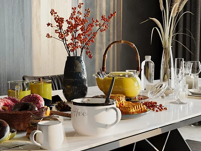 Elegant Dining Table Setting With Wine Bottles Wine Glasses Tea Pot Fruits And Bread 3d model
