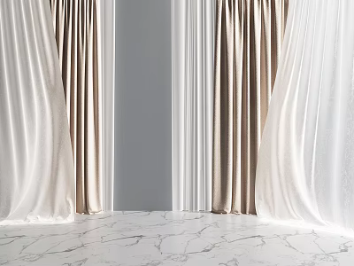 Elegant Beige And White Curtains With Shiny Fabric Against Gray Wall And Marble Floor 3d model