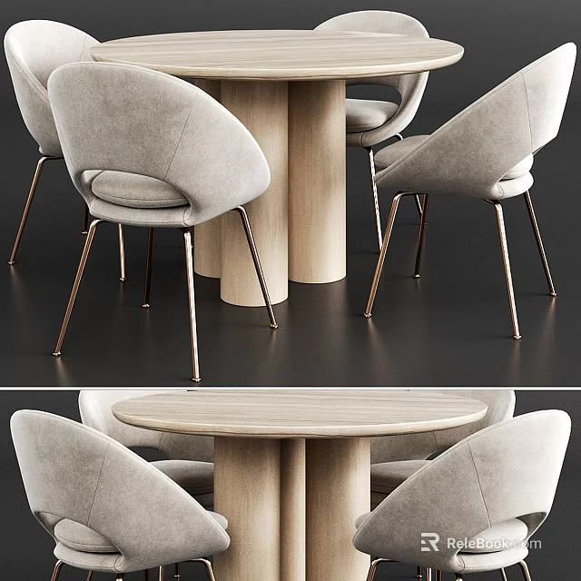 Modern Dining Table Set With Wooden Tabletop And Curved Upholstered Chairs With Metal Legs 3d model 
